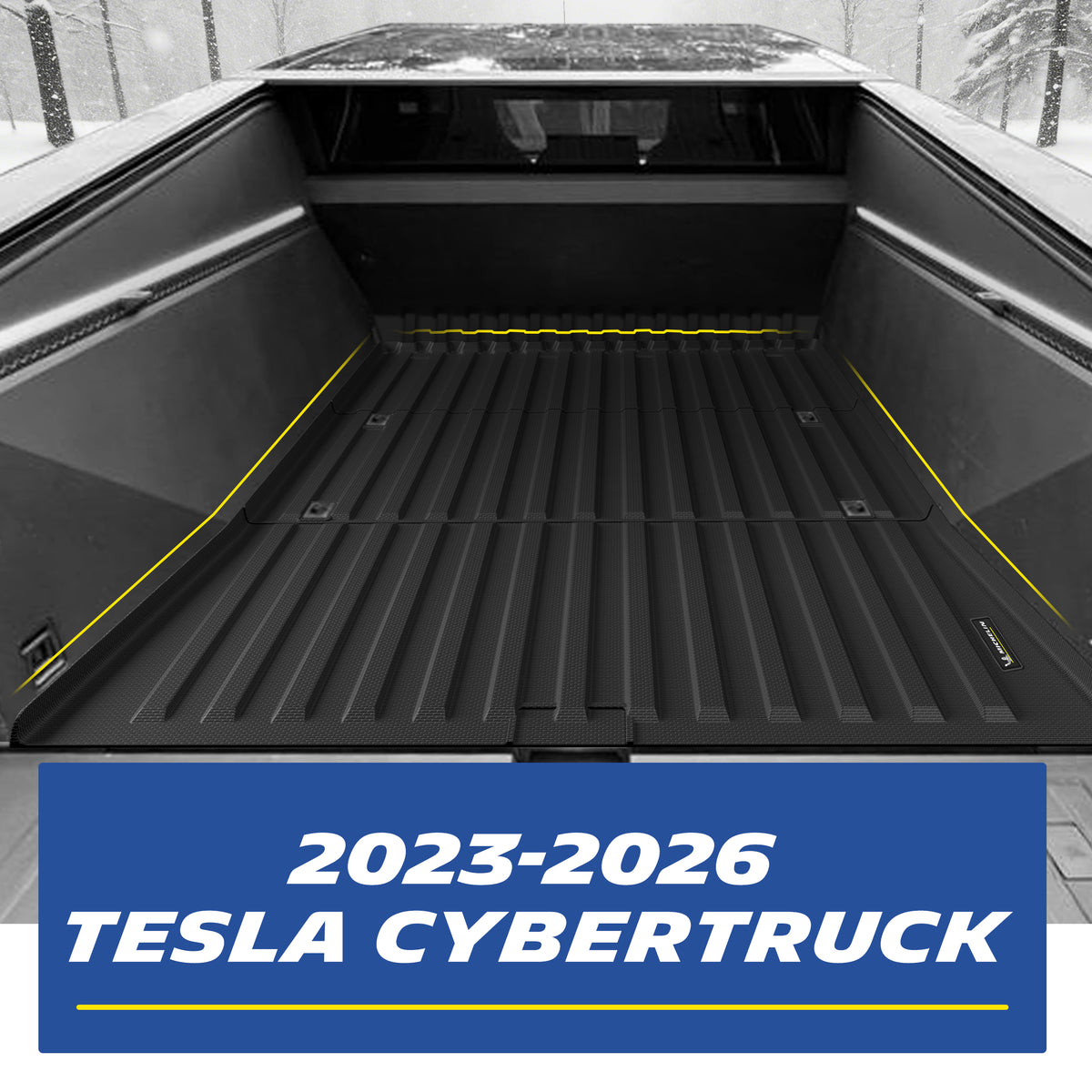 TPE truck bed mat installed inside the cargo area of 2023‑2026 Tesla Cybertruck, custom‑fit bed liner covering full truck bed surface.