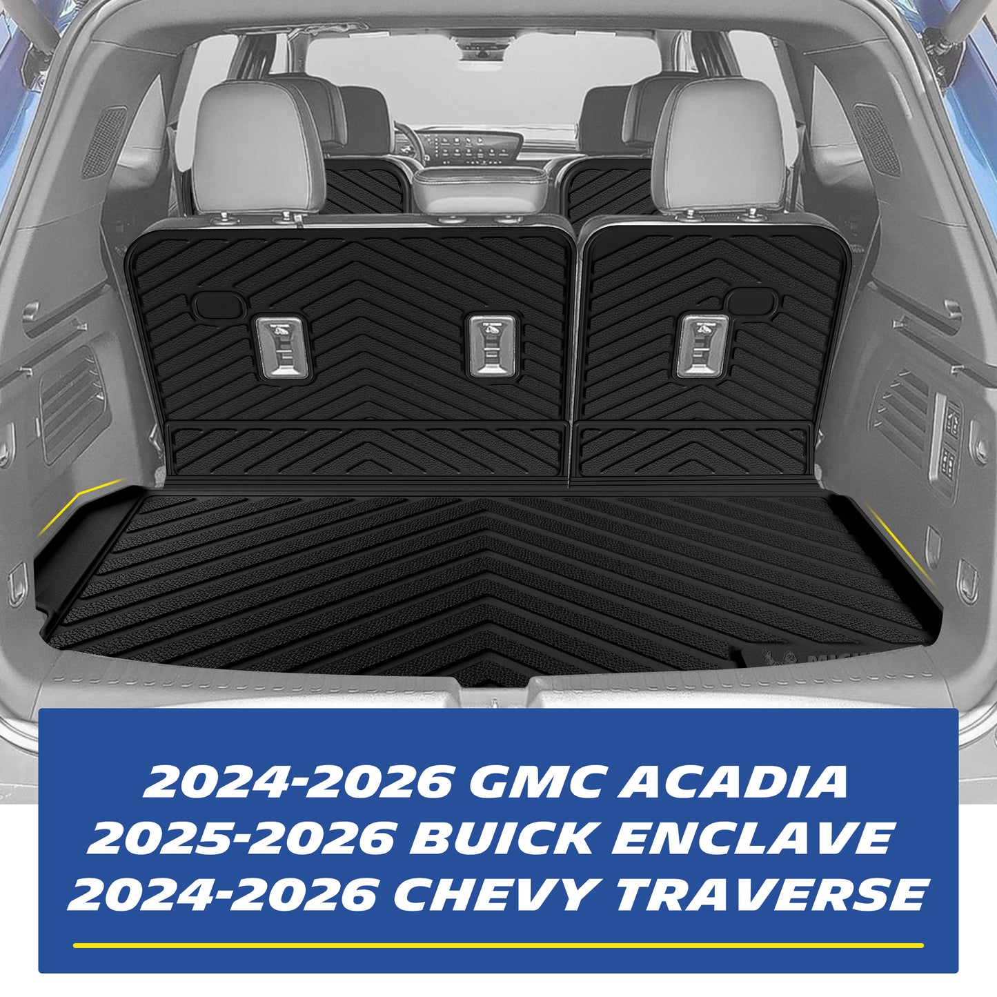 Real-world installation of the custom-fit black TPE trunk cargo liner and 3rd-row seat back protectors in a 7-seat GMC Acadia, Chevy Traverse, or Buick Enclave. Demonstrates precise edge-to-edge fitment that seamlessly accommodates seat folding while offering ultimate cargo area protection.
