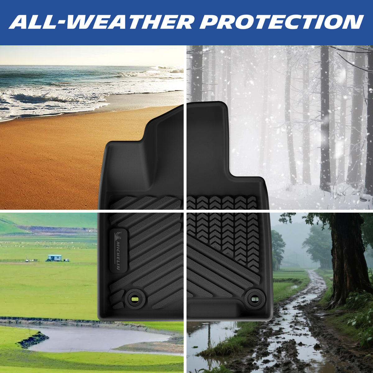 Michelin all-weather TPE floor mats all-weather protection shown, suitable for beach, snow, grass, and muddy conditions, year-round protection for original vehicle carpet.