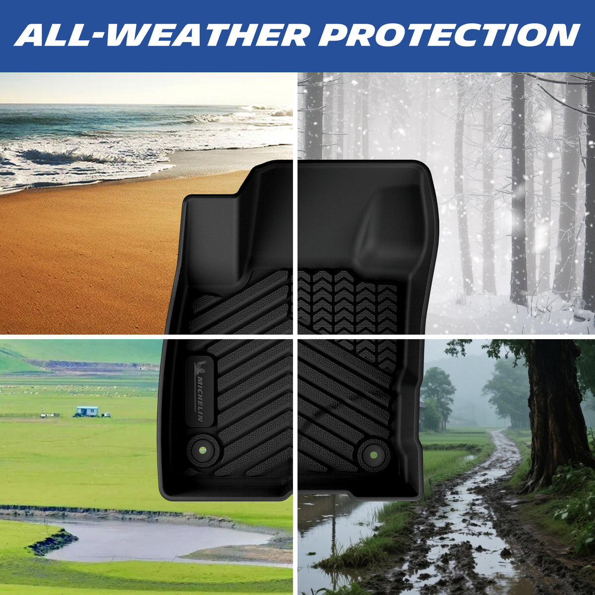 Michelin all-weather TPE floor mats all-weather protection shown, suitable for beach, snow, grass, and muddy conditions, year-round protection for original vehicle carpet.