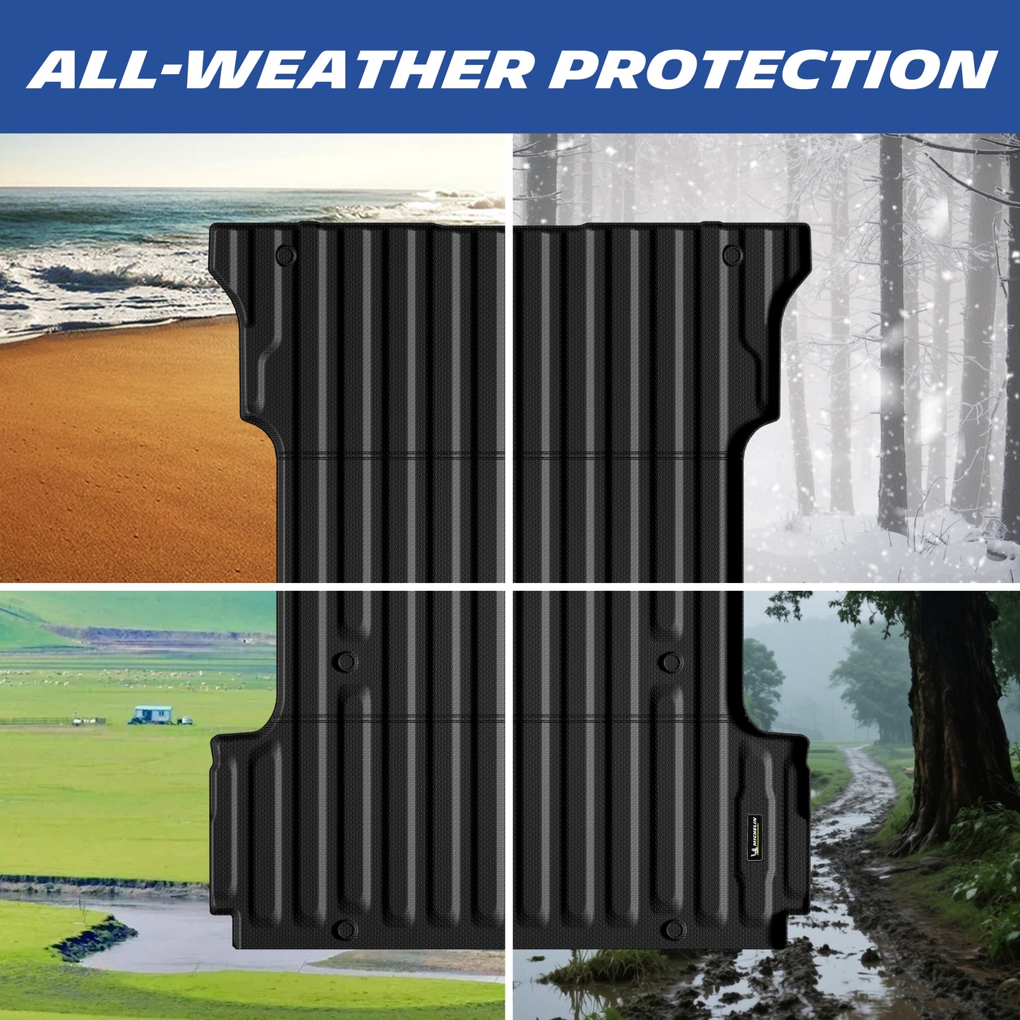 All-weather truck bed mat promotional collage showing four climate environment scenarios