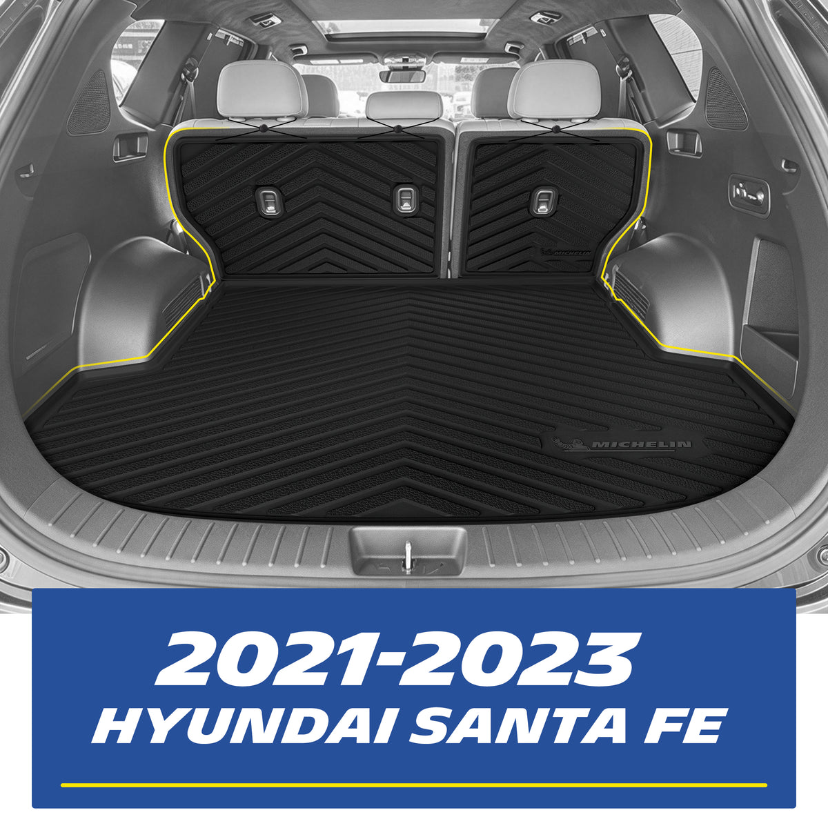 Michelin all-weather TPE cargo mat and rear seat backrest mats, fits 2021-2023 Hyundai Santa Fe gas models, trunk installation shown, custom-fit for perfect floor coverage.