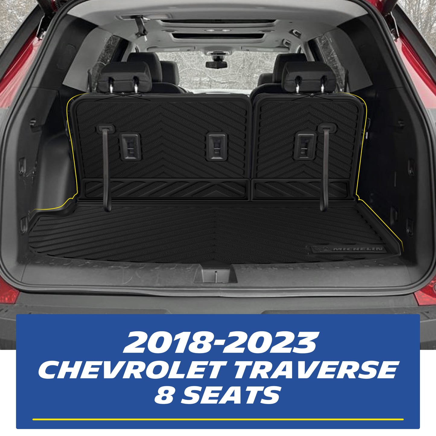 Real-world installation of the custom-fit MICHELIN black TPE rear trunk cargo mat and seat back protectors inside a 2018-2023 Chevrolet Traverse 8-seater. Demonstrates precise edge-to-edge fitment perfectly accommodating the 3rd-row seats for comprehensive waterproof cargo protection.