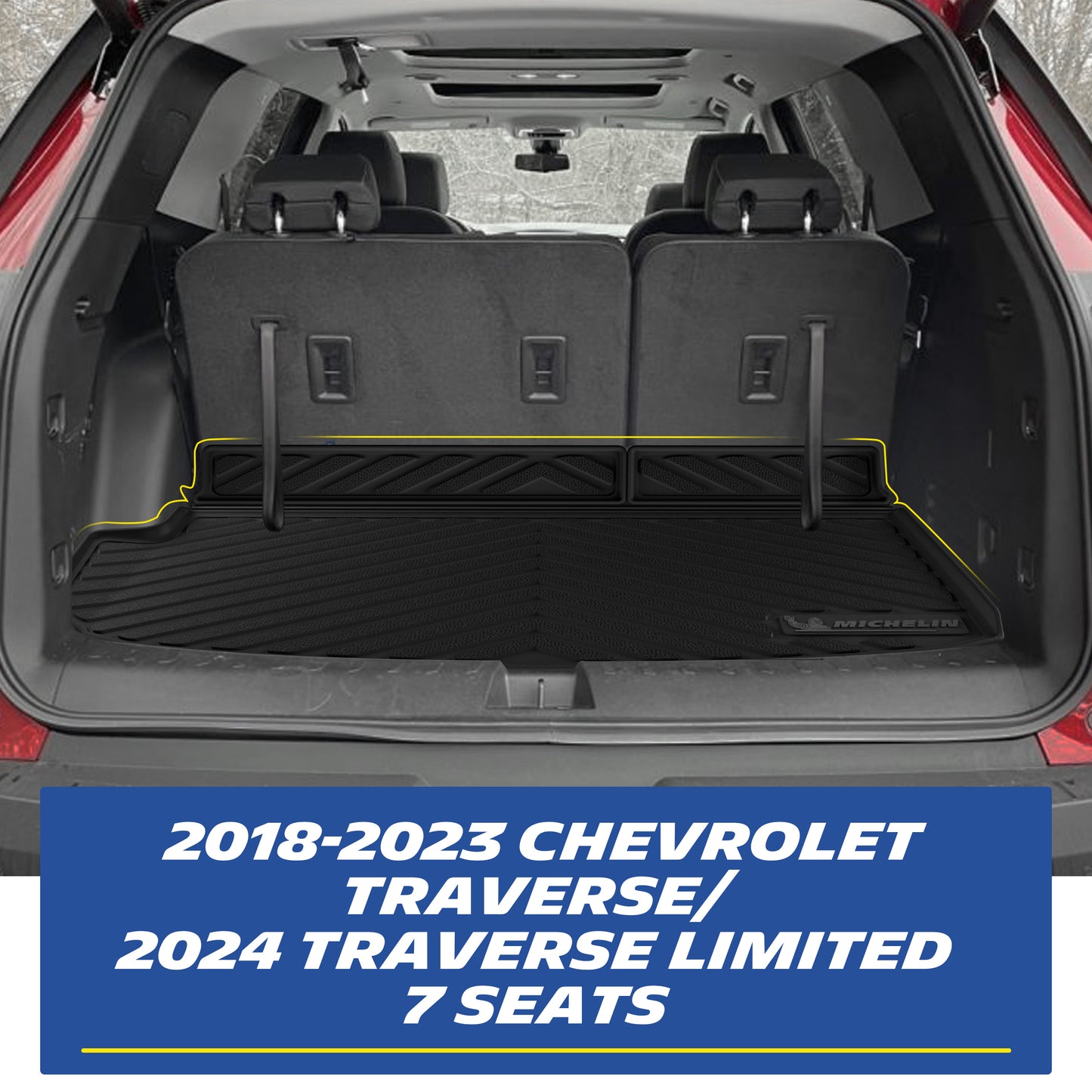 Real-world installation of the custom-fit MICHELIN black TPE rear trunk cargo mat and seat back protectors inside a 2018-2023 Chevrolet Traverse / 2024 Traverse Limited 7-seater. Demonstrates precise edge-to-edge fitment perfectly accommodating the 3rd-row seats for comprehensive waterproof cargo protection.
