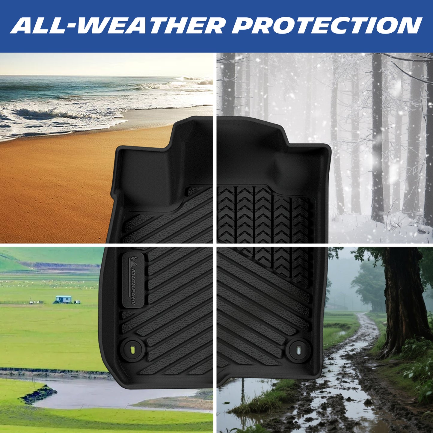 All-weather car mat protection against sand, snow, mud, rain for year-round use