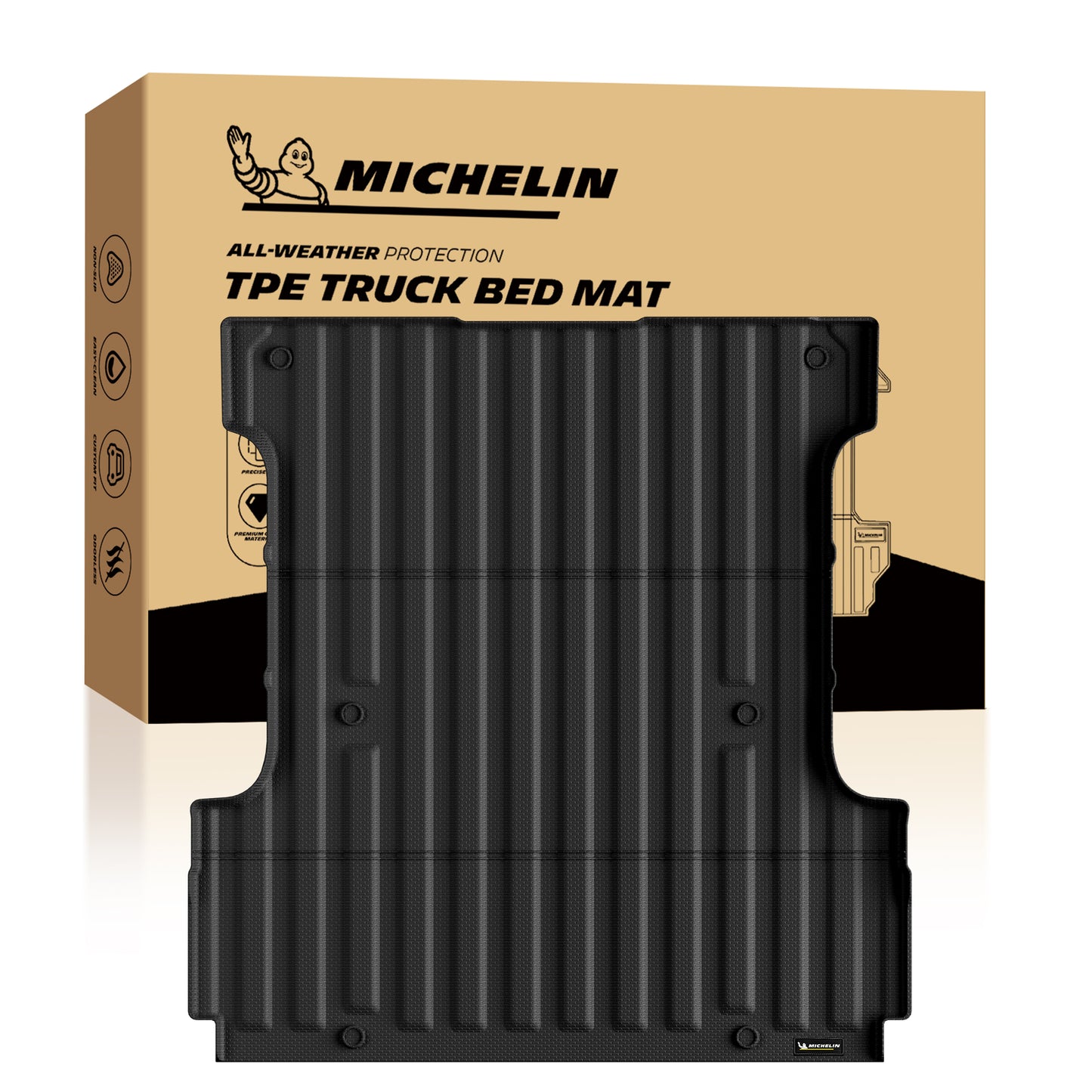 Michelin Ford F150 5.5 FT truck bed mat placed in front of retail packaging box product display