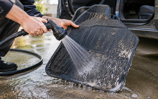 Cleaning rubber car mats with water to remove dirt and salt stains