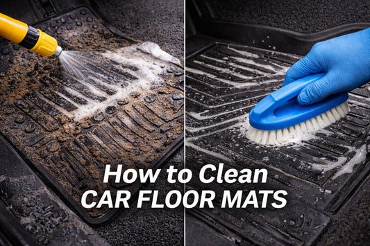 Cleaning dirty car floor mats with brush