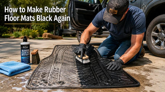 A man restoring faded black rubber car floor mats