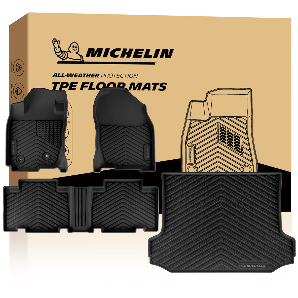Michelin all-weather TPE floor mats full set, includes driver, passenger, rear bench, and cargo mats, advanced protection for vehicles, custom-fit car mats.