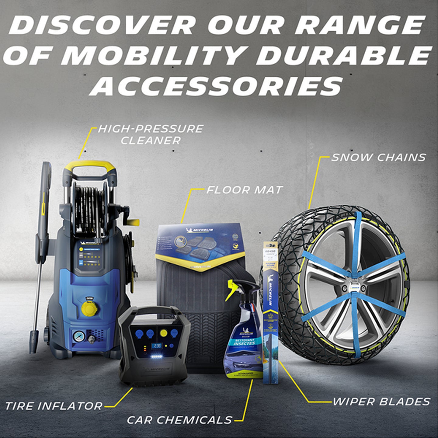 Car accessories set – floor mats, inflator, chains, wipers, chemicals