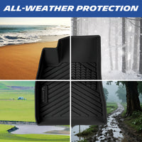 All-weather protection demonstration of the custom-fit TPE car mat set for 2024-2027 Tesla Model 3. A four-panel image highlights its ability to seamlessly shield the interior and trunk from beach sand, winter snow, outdoor dirt, and heavy mud across all four seasons.