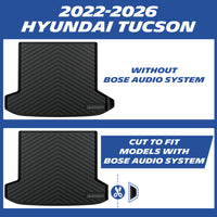 Bose Audio System compatibility and cut-to-fit guide for the 2022-2026 Hyundai Tucson TPE trunk mat. Illustrates the direct fit for models without Bose audio, and the simple DIY trimming step along the dotted line for models equipped with the premium Bose sound system.