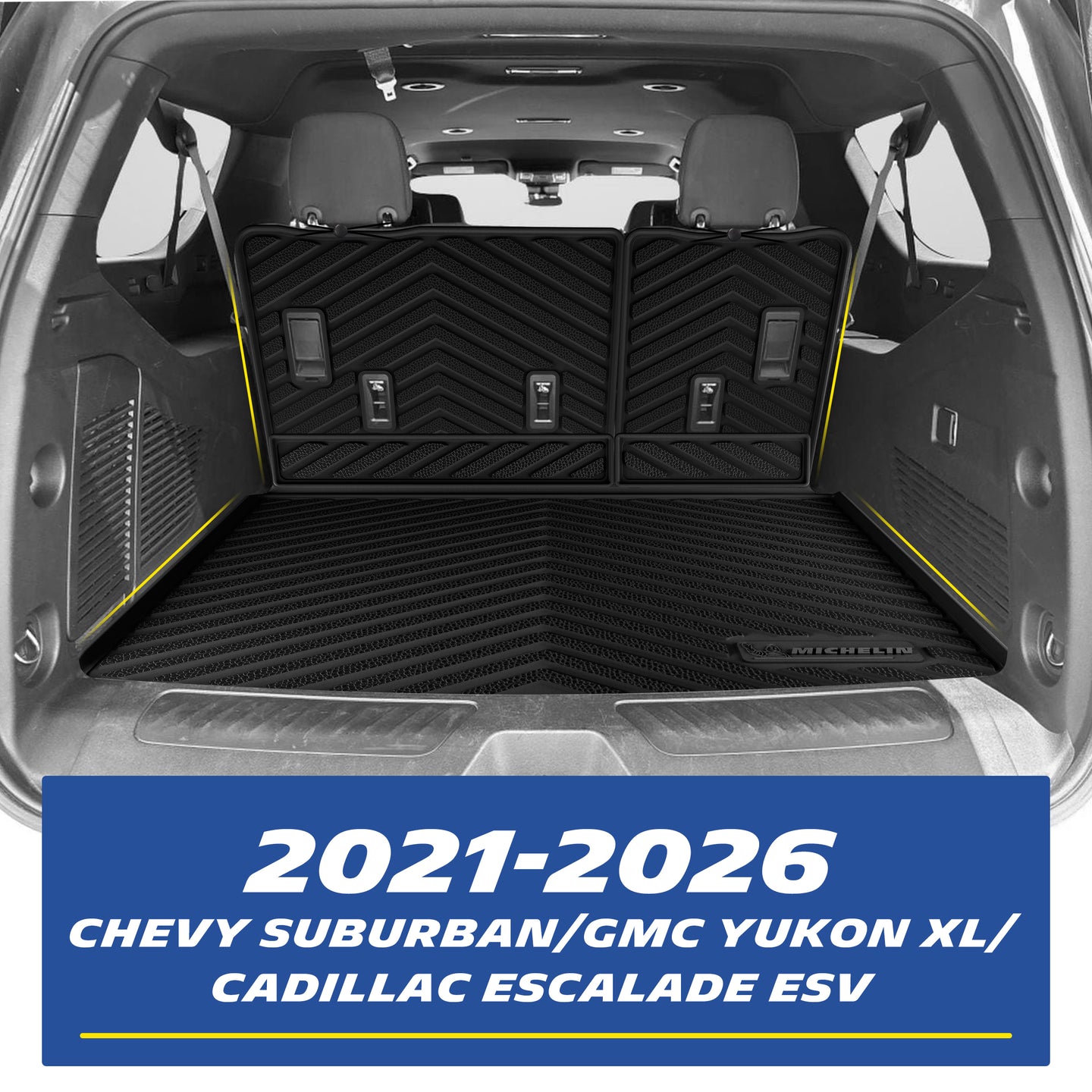 Michelin TPE cargo liner and seat back mats installed for 2021‑2026 Suburban, Yukon XL, Escalade ESV