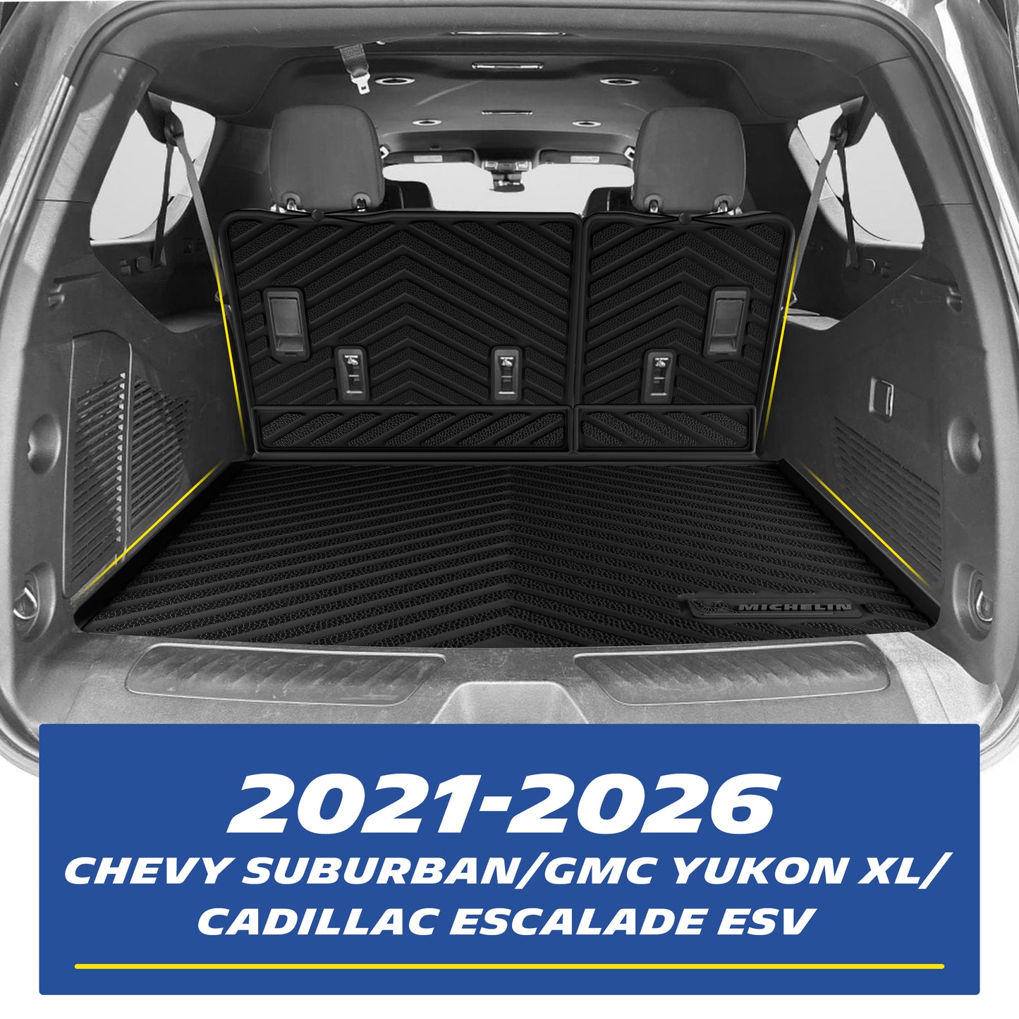 Michelin TPE cargo liner and seat back mats installed for 2021‑2026 Suburban, Yukon XL, Escalade ESV