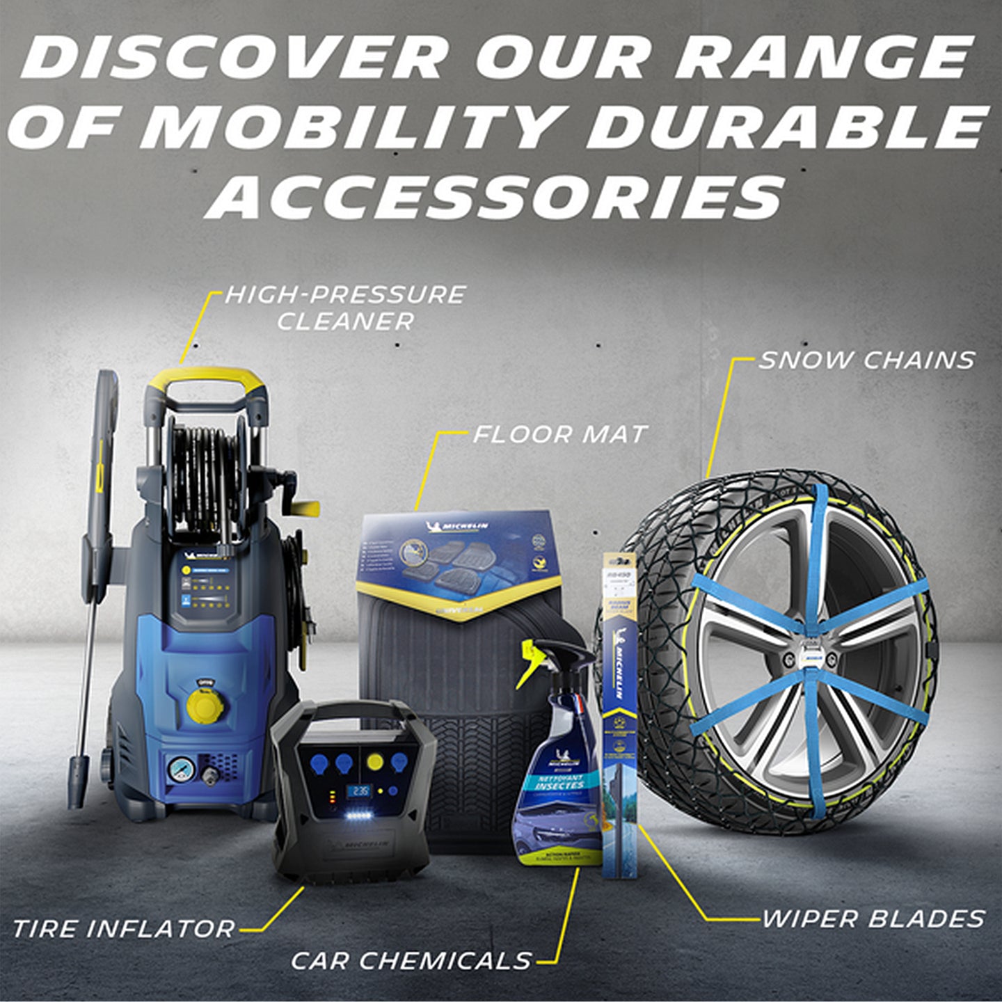 Car accessories set – floor mats, inflator, chains, wipers, chemicals