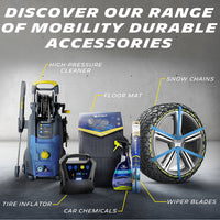 Car accessories set – floor mats, inflator, chains, wipers, chemicals