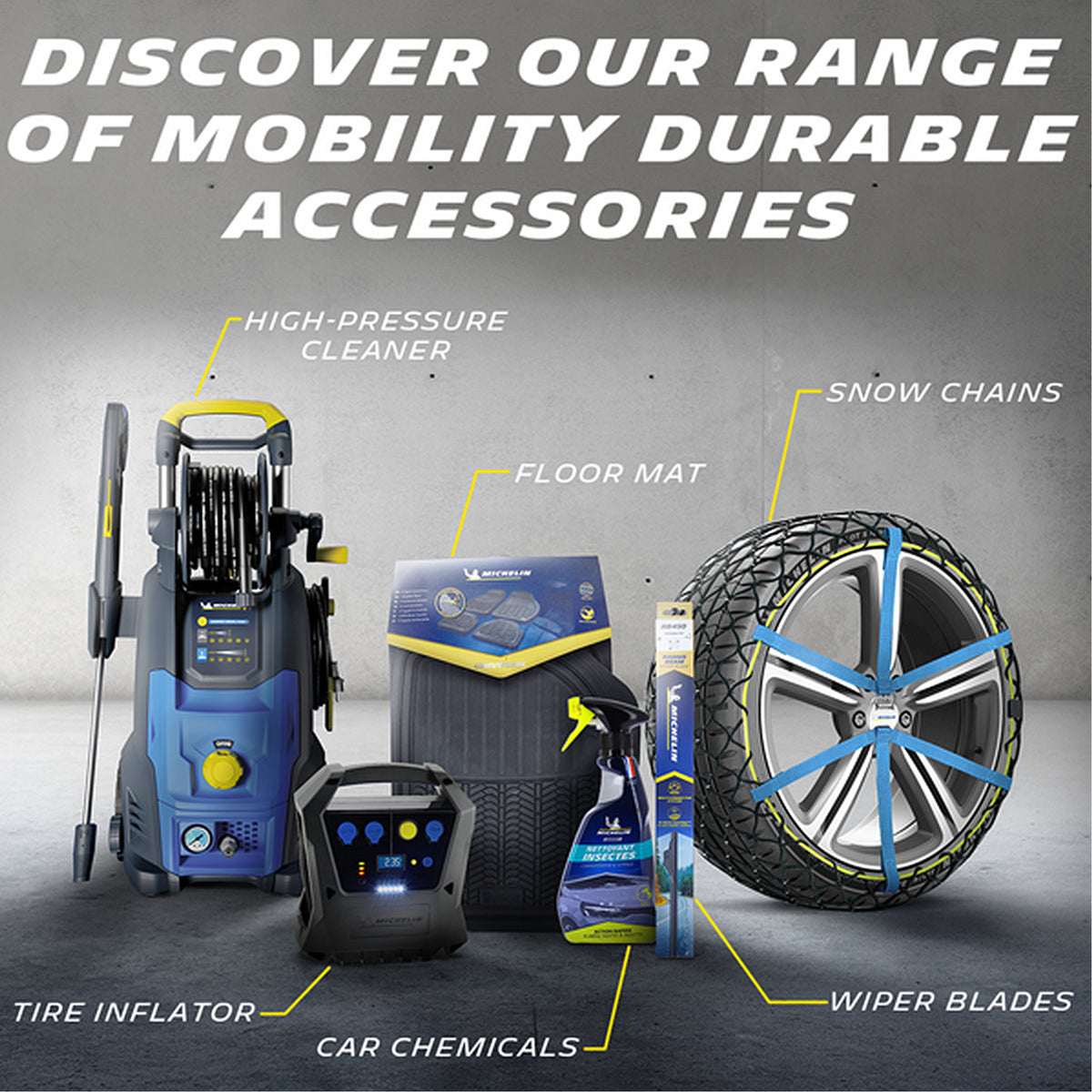 Car accessories set – floor mats, inflator, chains, wipers, chemicals