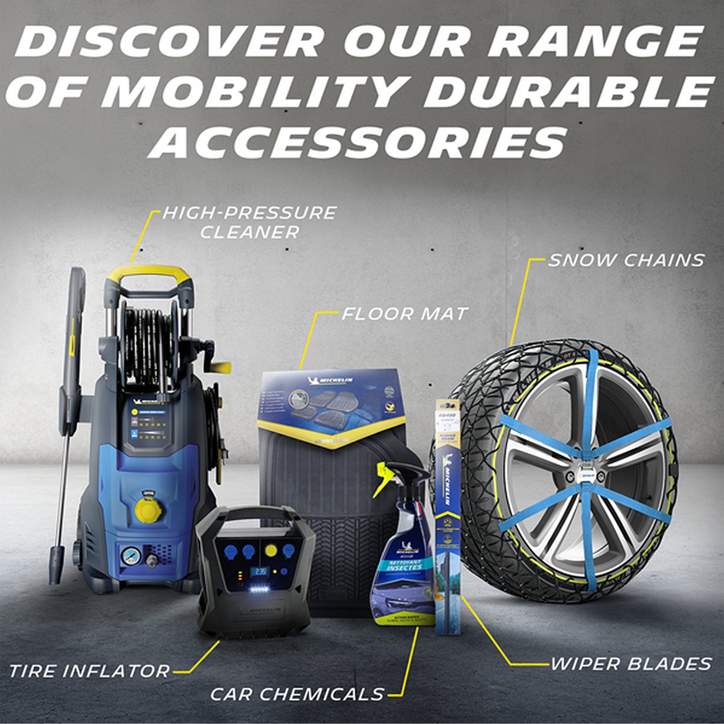 Car accessories set – floor mats, inflator, chains, wipers, chemicals
