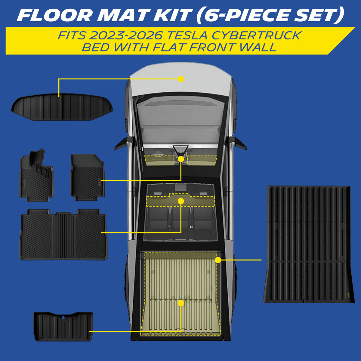 6-piece TPE floor mat set for 2023-2026 Tesla Cybertruck flat front wall bed