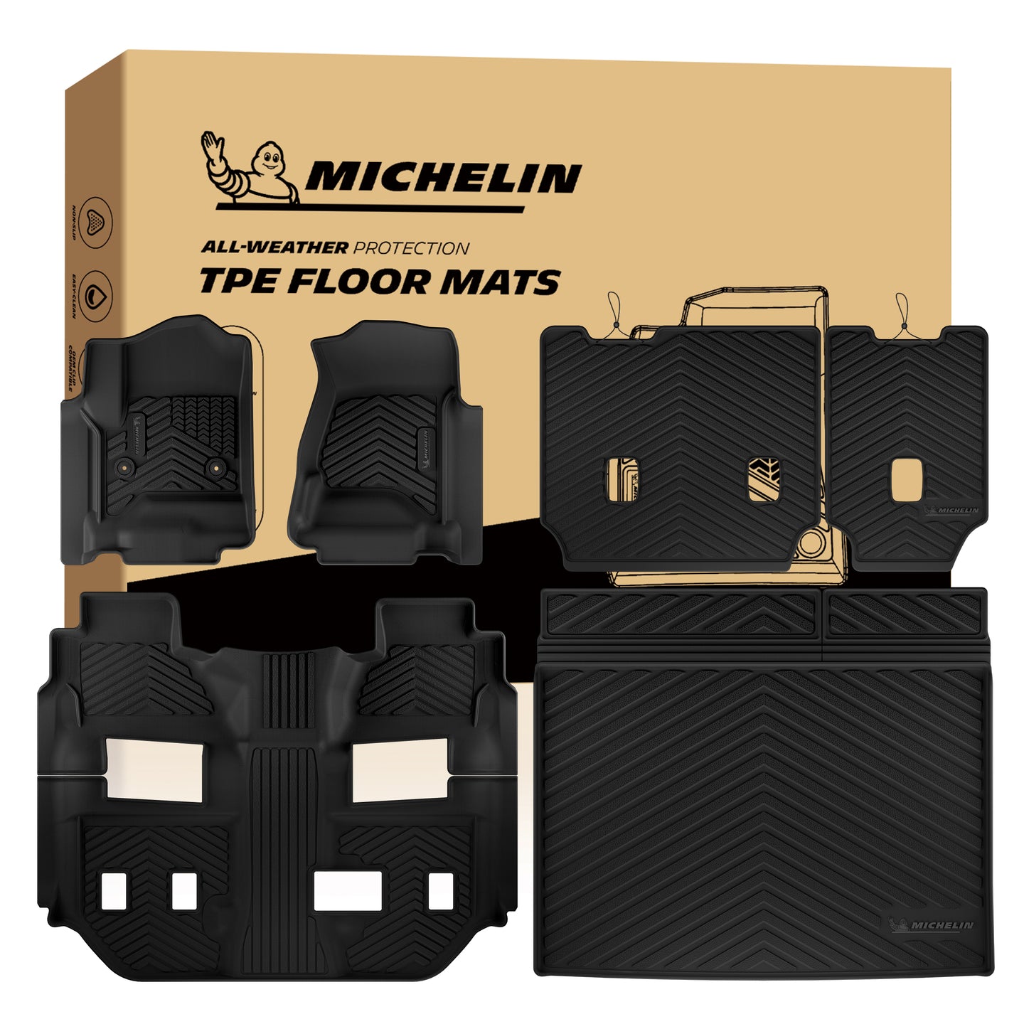 Complete Michelin all-weather TPE floor mat set including front mats, rear row mats, rear seat back liners and cargo liner, shown with original branded packaging box.