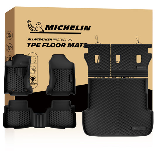 Complete Michelin all-weather TPE floor mat set matching Subaru Outback with retail box