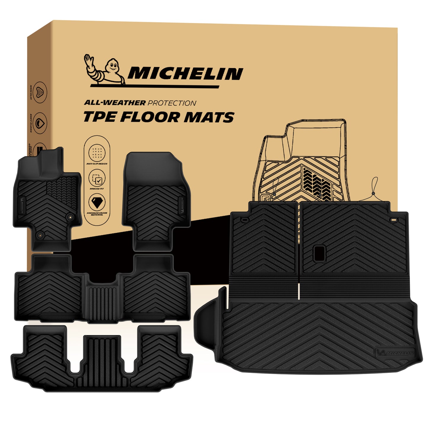 Full set Michelin all-weather TPE floor mats: front, 2nd, 3rd row liners and cargo mat with retail box