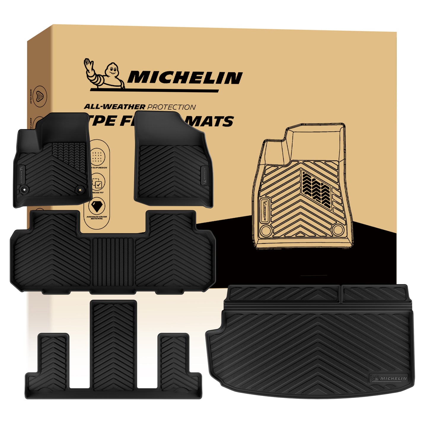 MICHELIN premium black all-weather TPE custom-fit car floor mats and integrated cargo liner set exclusively designed for 2018-2023 Chevy Traverse and 2024 Traverse Limited 7-seat models. Includes front, 2nd, and 3rd-row mats, plus a trunk mat with seat back protectors, featuring high-density TPE for complete waterproof interior coverage.