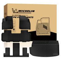 MICHELIN premium black all-weather TPE custom-fit car floor mats and integrated cargo liner set exclusively designed for 2018-2023 Chevy Traverse and 2024 Traverse Limited 7-seat models. Includes front, 2nd, and 3rd-row mats, plus a trunk mat with seat back protectors, featuring high-density TPE for complete waterproof interior coverage.