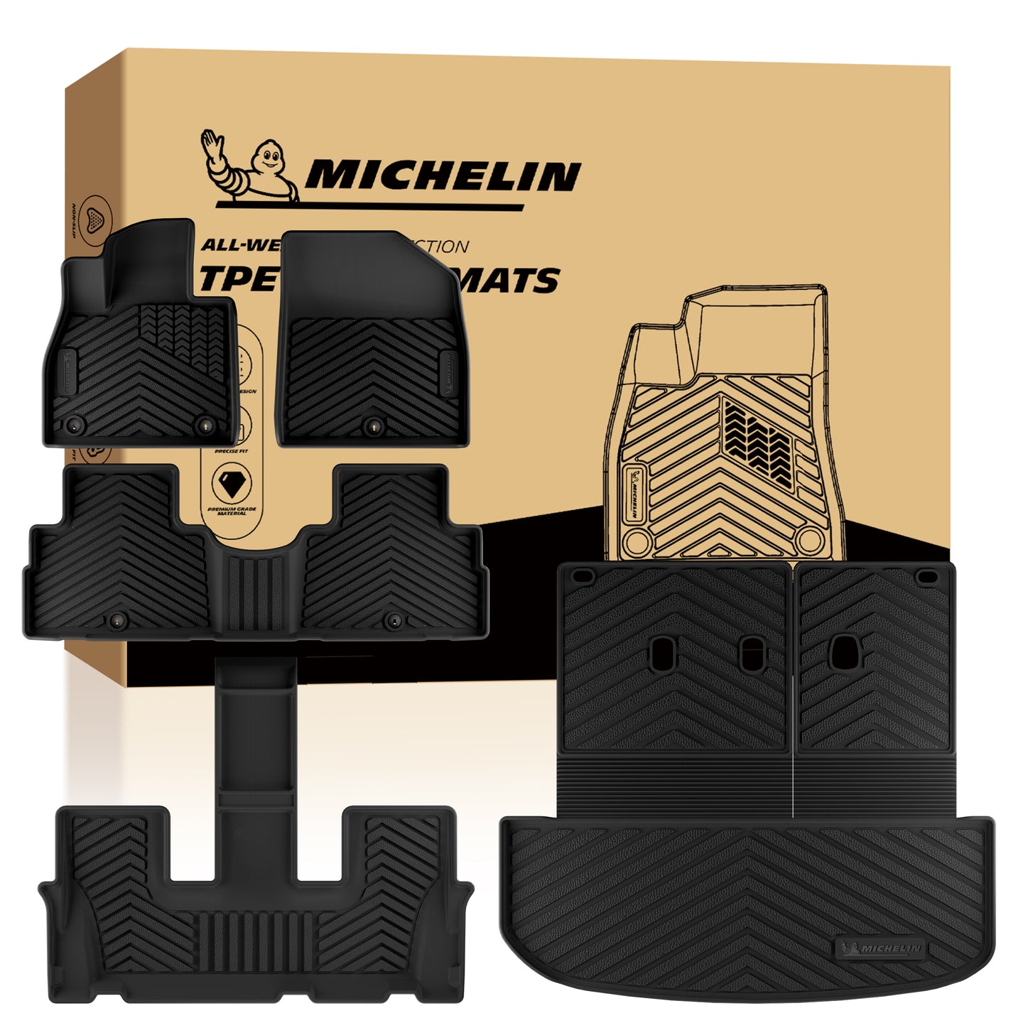 Michelin full set all-weather TPE mats: front, 2nd & 3rd row liners plus split cargo mat with retail box