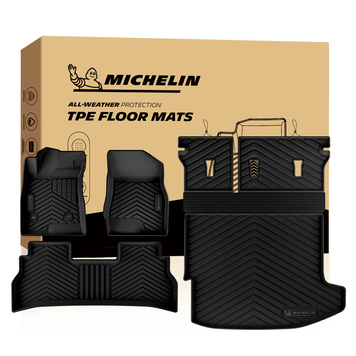 MICHELIN premium black all-weather TPE custom-fit car floor mats, trunk cargo liner, and seat back protector set exclusively designed for the 2024-2026 Chevy Trax. Includes front mats, a one-piece rear mat, split rear seat backrest protectors, and a main trunk mat, utilizing high-density TPE for complete waterproof interior coverage.