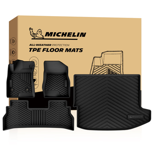 MICHELIN premium black all-weather TPE custom-fit car floor mats and trunk cargo liner set exclusively designed for the 2024-2026 Chevrolet Trax. Includes front mats, a one-piece rear mat, and a rear trunk mat, featuring high-density TPE for ultimate waterproof full-interior protection.