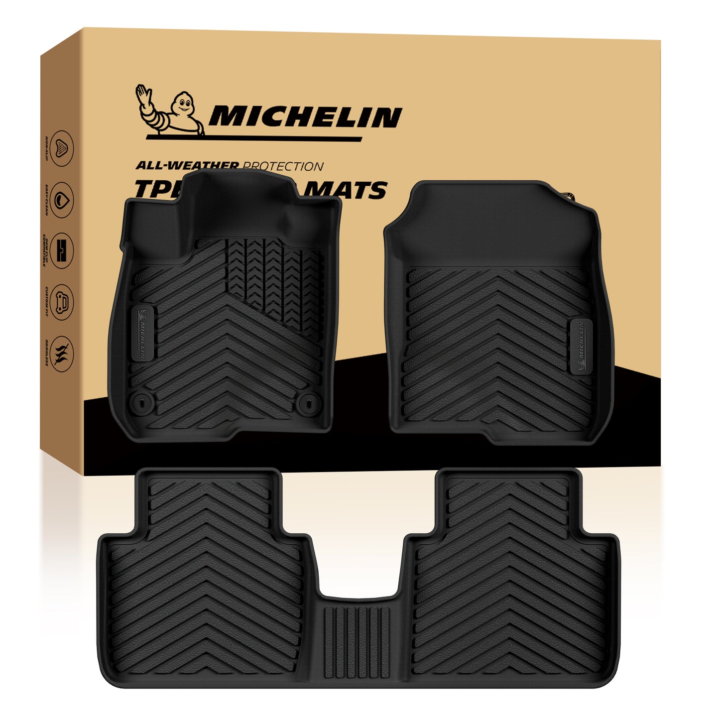 Full set Michelin custom fit TPE car floor mats (front driver/passenger + rear row mats) with retail box