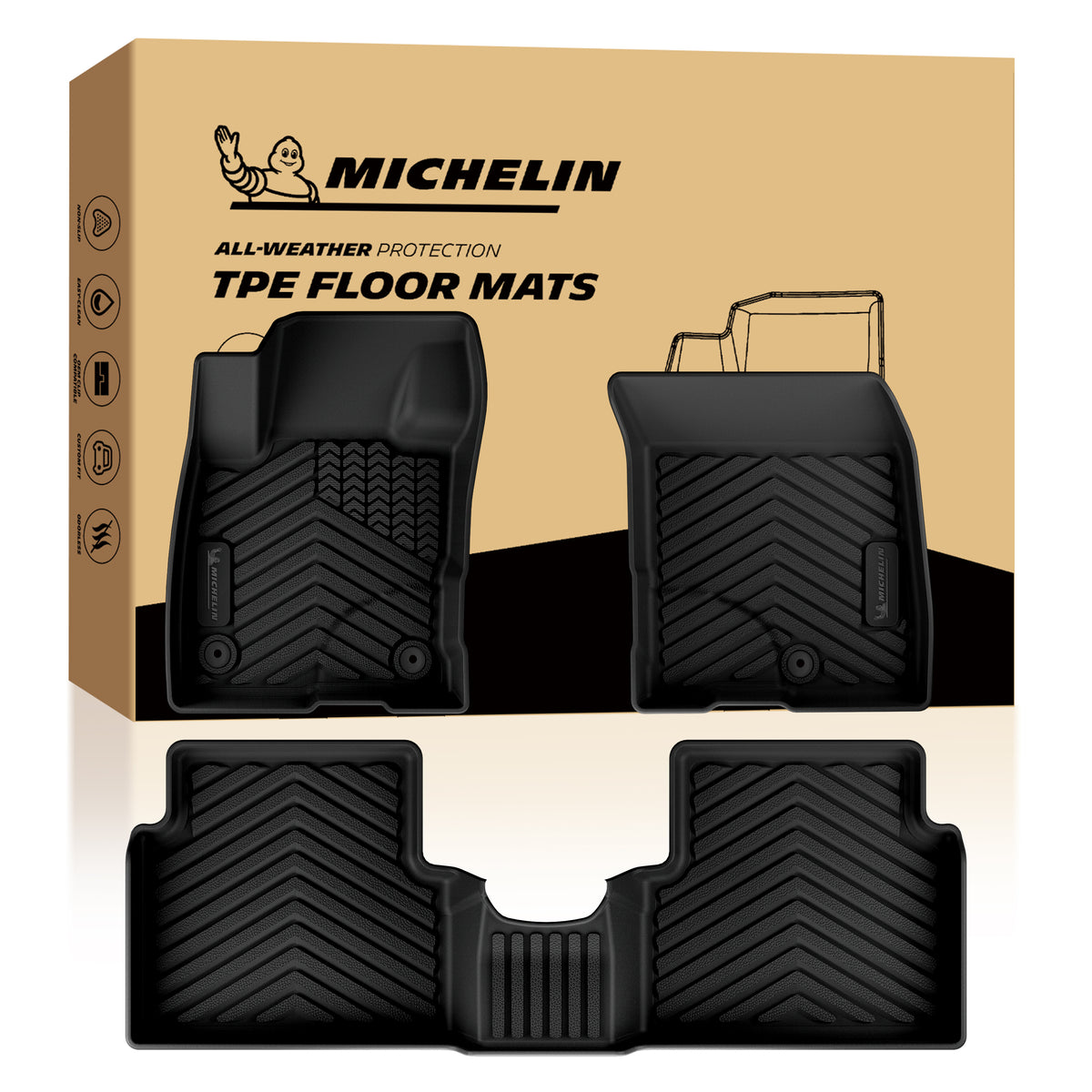 Michelin all-weather TPE floor mats full set, includes driver, passenger, and rear bench mats, advanced protection for vehicles, custom-fit car mats.