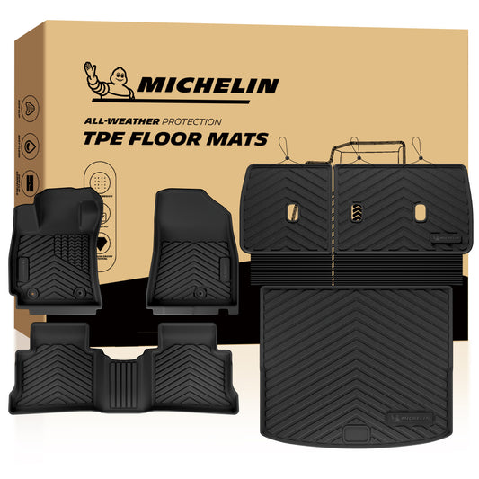 Michelin all-weather TPE floor mats full set, includes driver, passenger, rear bench, cargo mat, and seat backrest mats, advanced protection for vehicles, custom-fit car mats.
