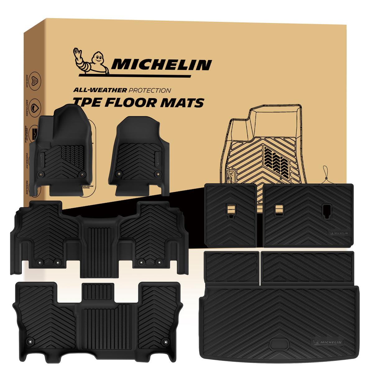 Michelin all-weather TPE floor mats full set, includes driver, passenger, second-row, third-row bench mats, seat backrest mats, and cargo mat, advanced protection for vehicles, custom-fit car mats.