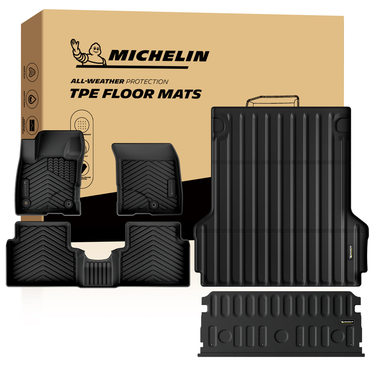 Michelin all-weather TPE floor mats and truck bed mat full set, includes driver, passenger, rear bench mats, bed mat, and tailgate mat, advanced protection for vehicles, custom-fit car mats.