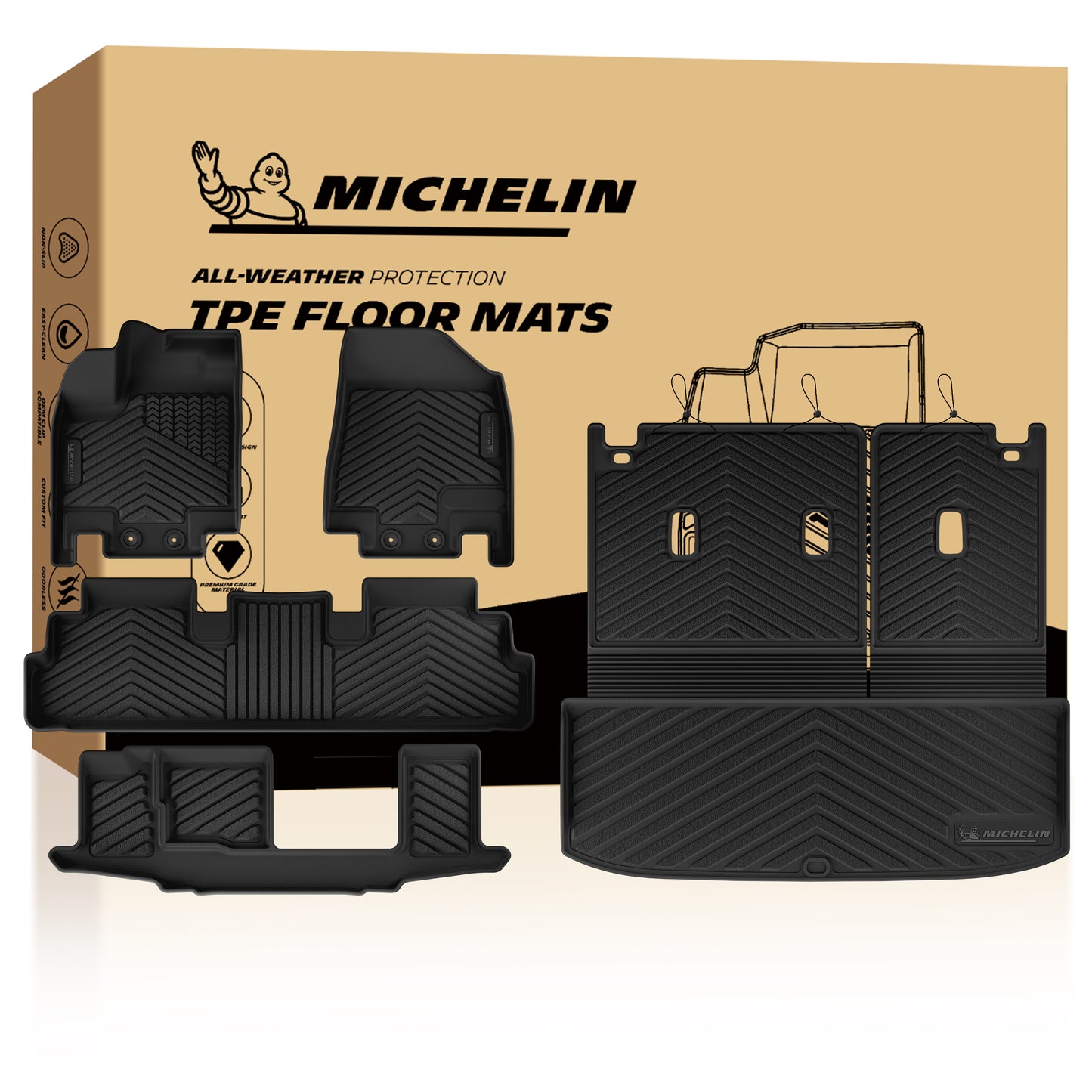  Complete Michelin full set floor mat assembly render with retail packaging box for Nissan Pathfinder