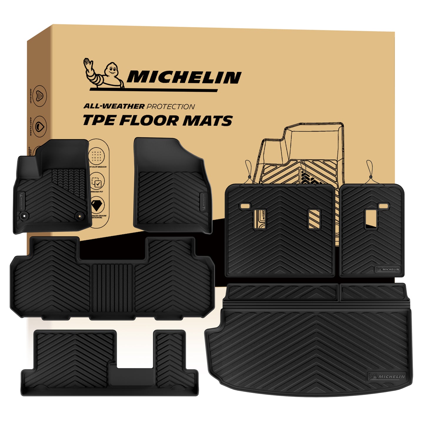 MICHELIN premium black all-weather TPE custom-fit car floor mats and integrated cargo liner set exclusively designed for 2018-2023 Chevy Traverse 8-seat models. Includes front, 2nd-row bench, and 3rd-row mats, plus a trunk mat with seat back protectors, utilizing high-density TPE for complete waterproof interior coverage.