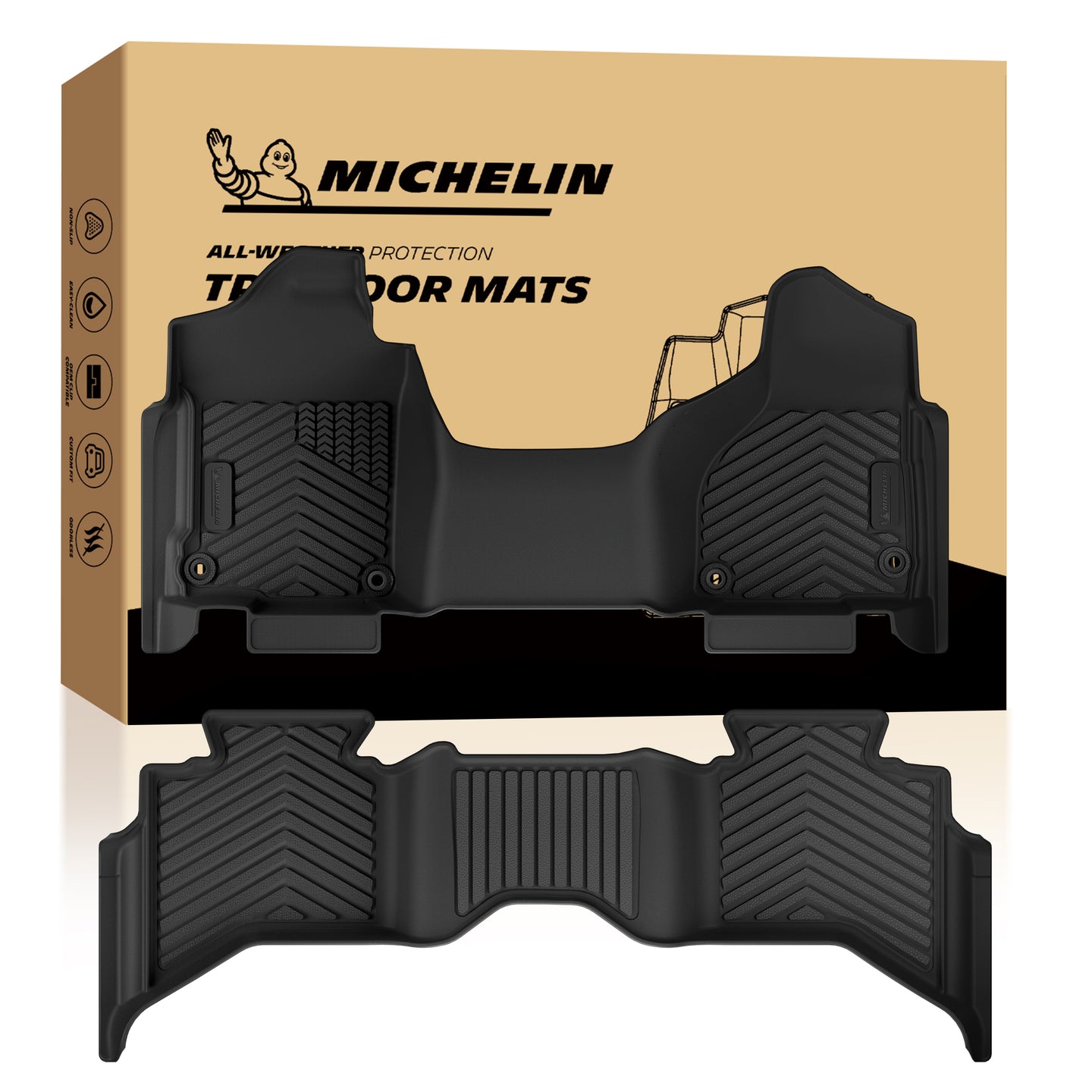 Michelin all-weather TPE floor mats, advanced protection for vehicles, durable and slip-resistant, custom-fit car mats.
