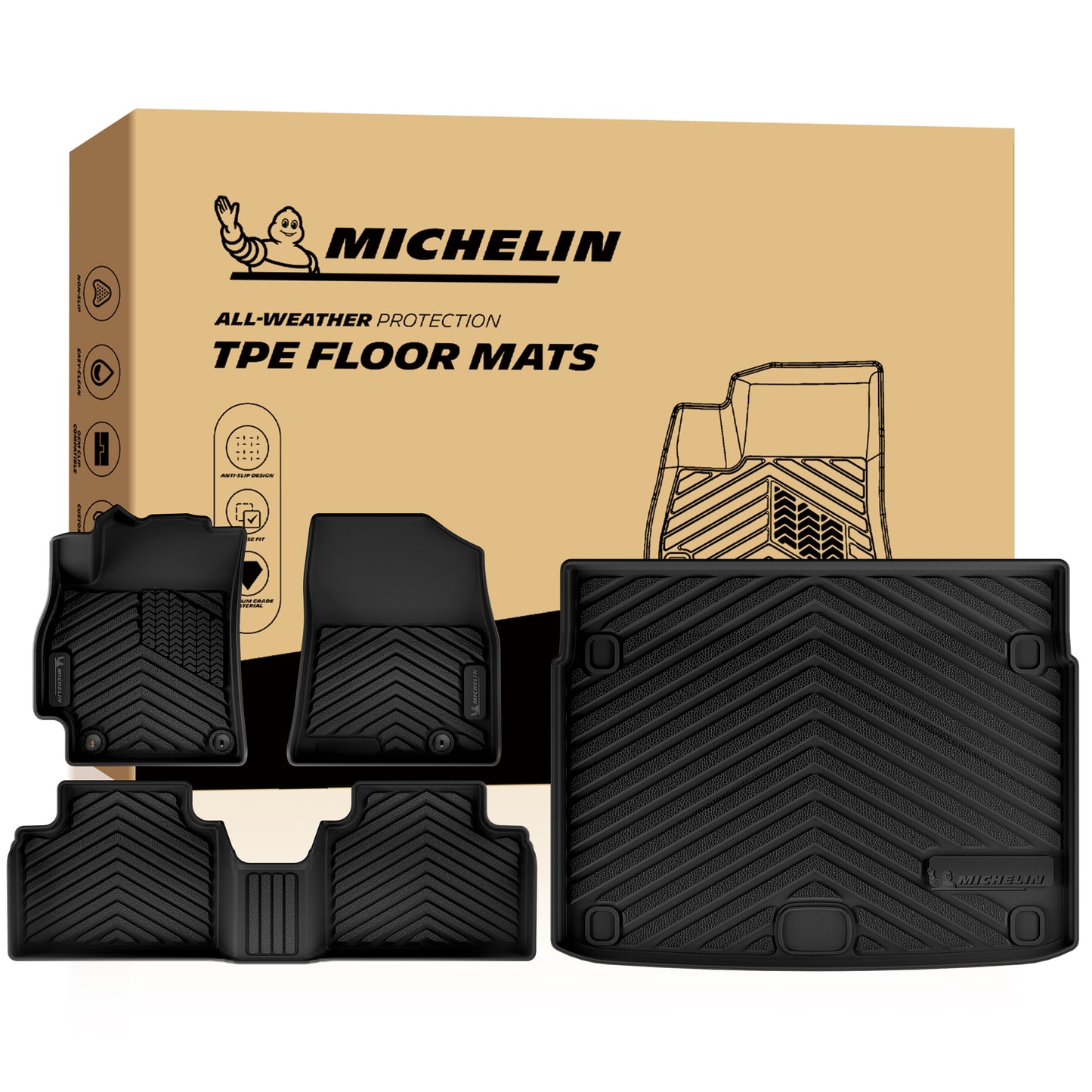 Full set Michelin TPE car liners: front mats, rear mat and cargo mat with retail package