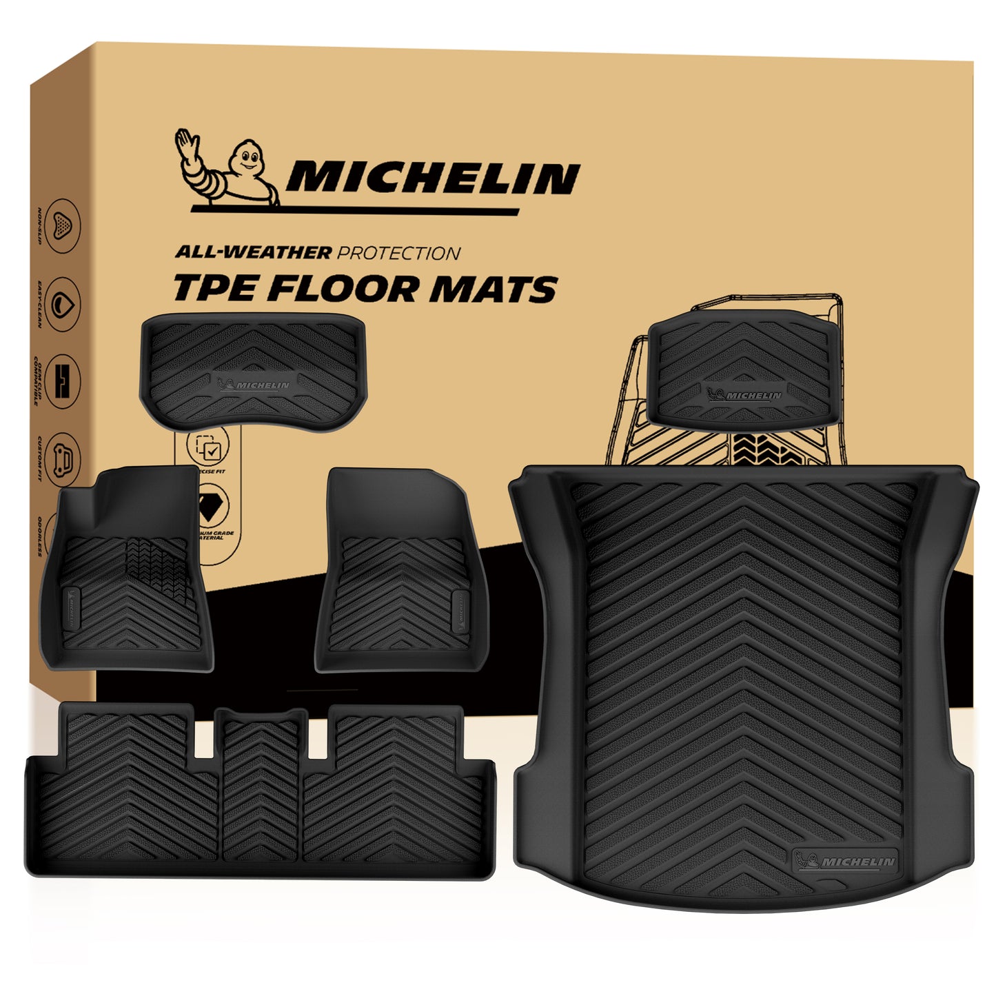 Michelin all-weather TPE floor mats, advanced protection for vehicles, durable and slip-resistant, custom-fit car mats.