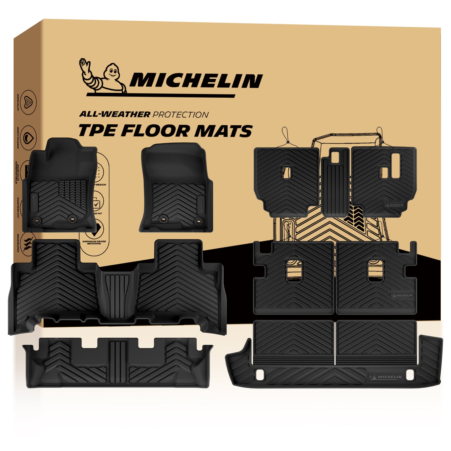 Complete set display of Michelin TPE all-weather floor mats with official retail packaging box for 4Runner 7-seater