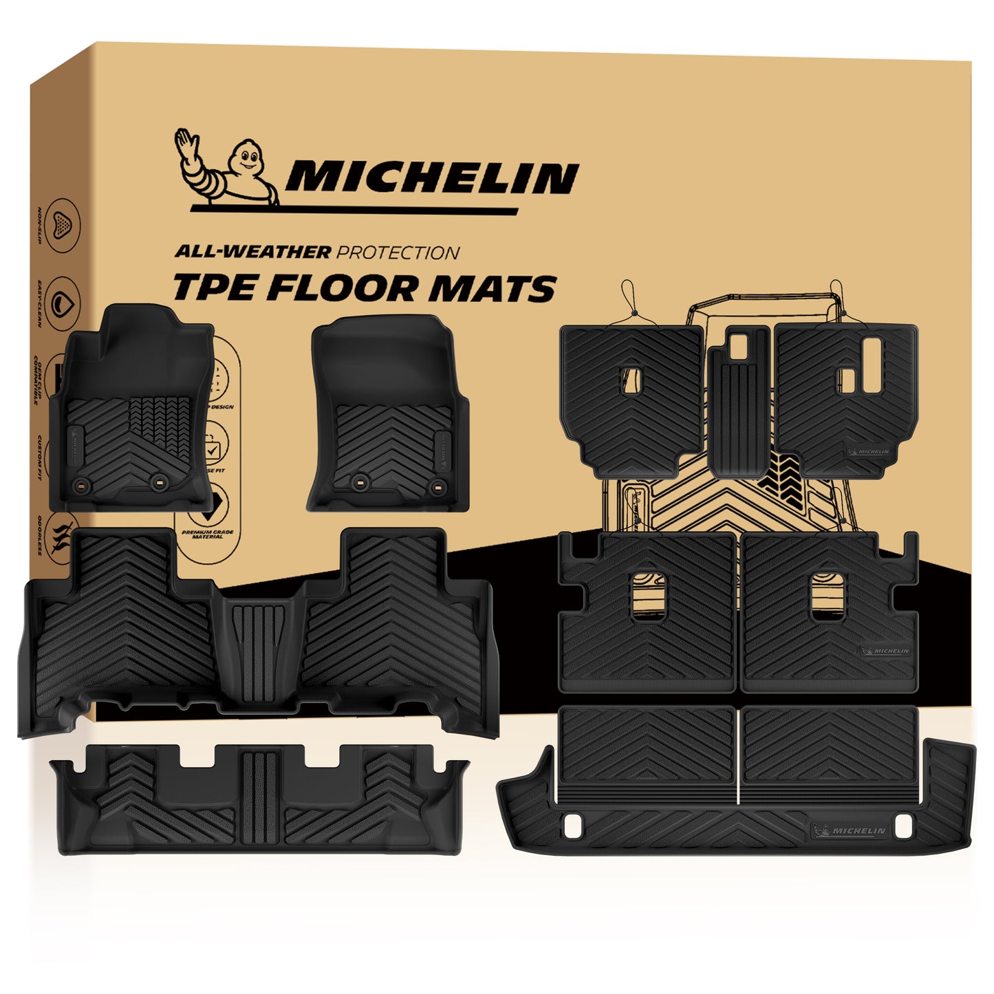 Complete set display of Michelin TPE all-weather floor mats with official retail packaging box for 4Runner 7-seater