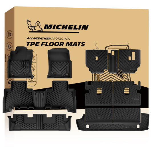 Complete set display of Michelin TPE all-weather floor mats with official retail packaging box for 4Runner 7-seater