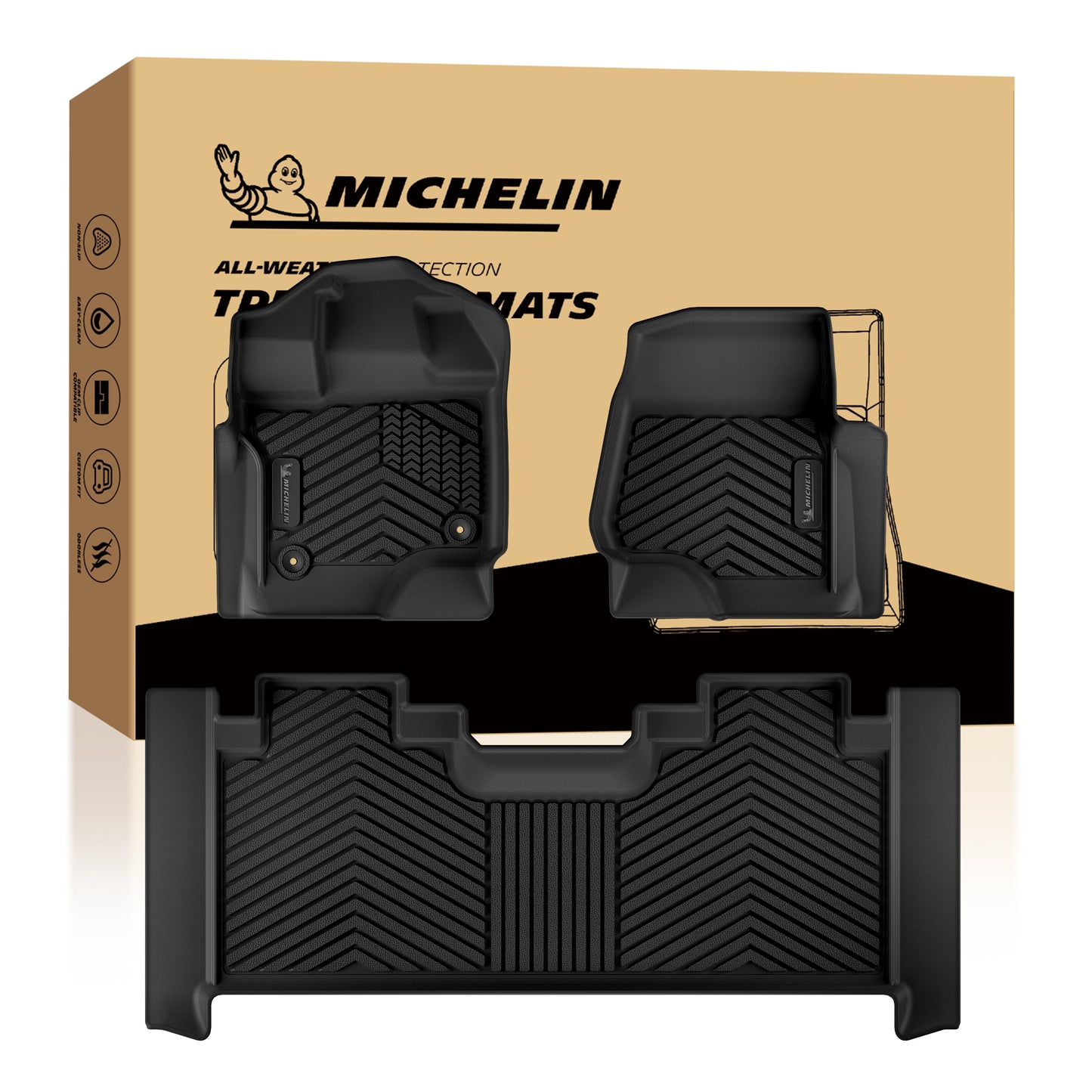 Michelin all-weather TPE front and rear floor mats set with branded packaging box.