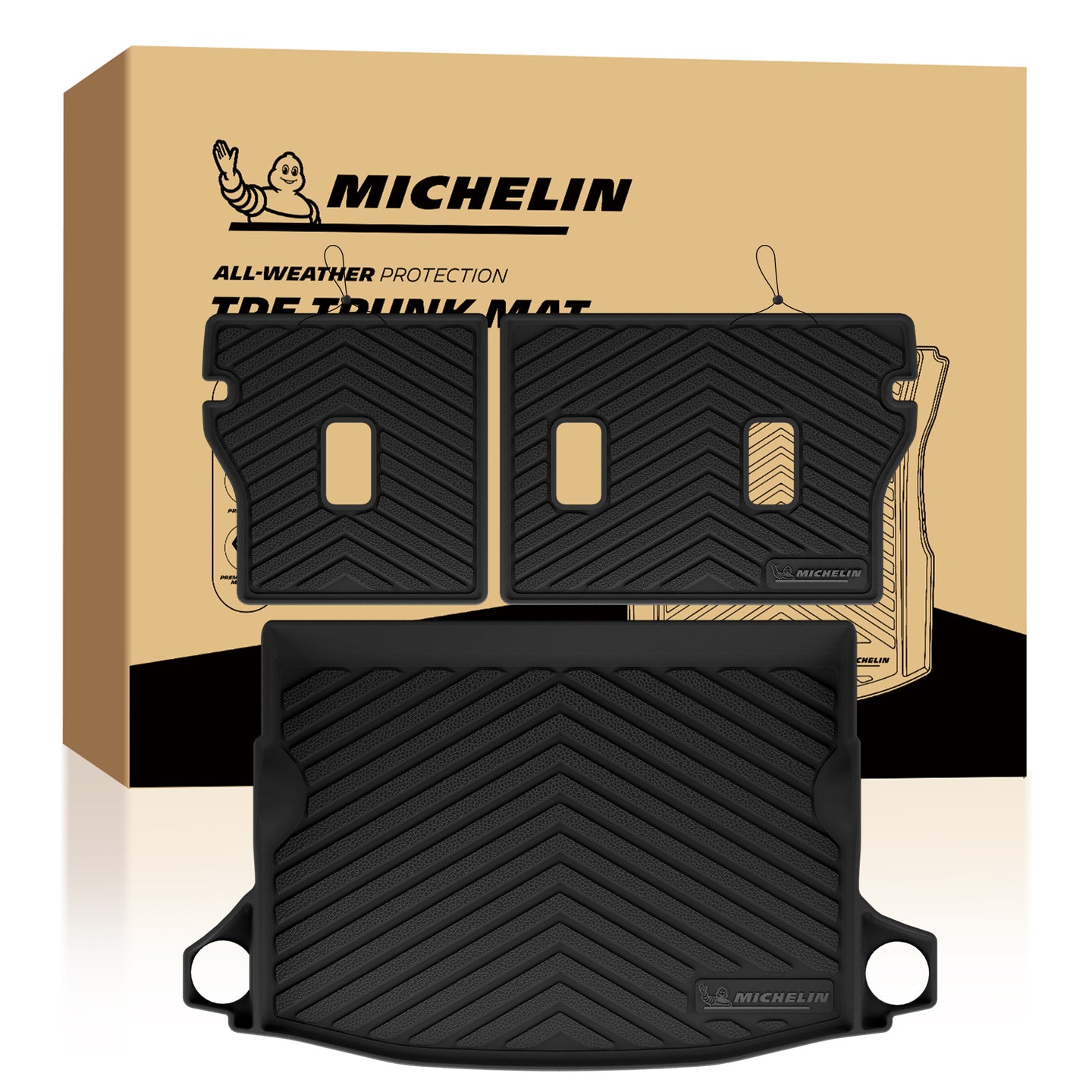 Complete 3-piece Michelin TPE trunk mat set (cargo liner + 2 seat back mats) with branded packaging box