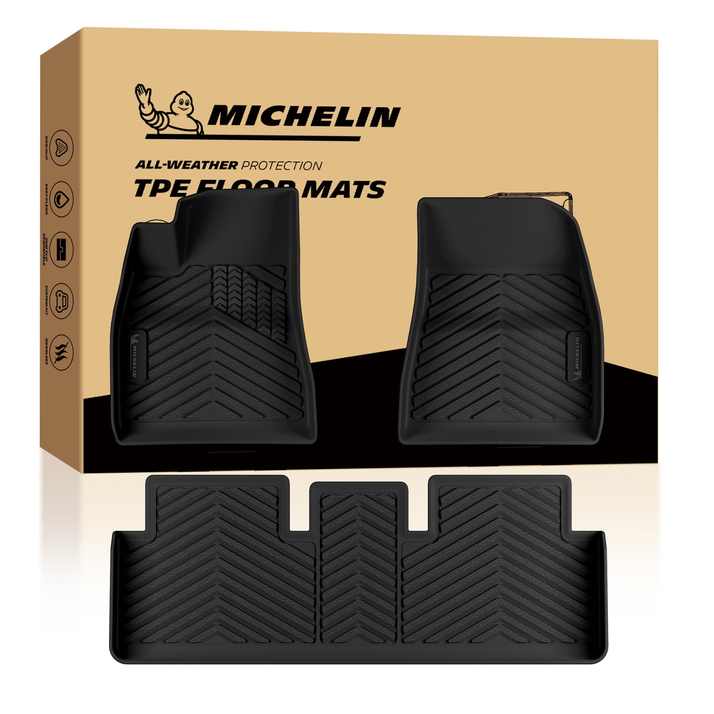 MICHELIN premium 3-piece set of black all-weather TPE custom-fit car floor mats exclusively designed for the 2024-2027 Tesla Model 3. Includes driver, front passenger, and one-piece rear mats featuring a high-density, waterproof non-slip surface.