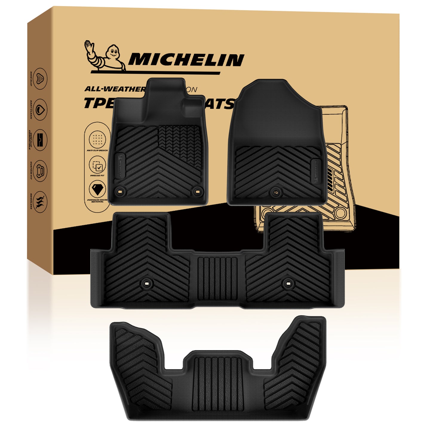 MICHELIN premium black all-weather TPE custom-fit car floor mats and cargo liner set exclusively designed for 2023-2026 Honda Pilot 7 and 8-seat models. Includes front, 2nd-row, and 3rd-row mats, plus a trunk mat, featuring high-density TPE for ultimate waterproof full-interior protection.