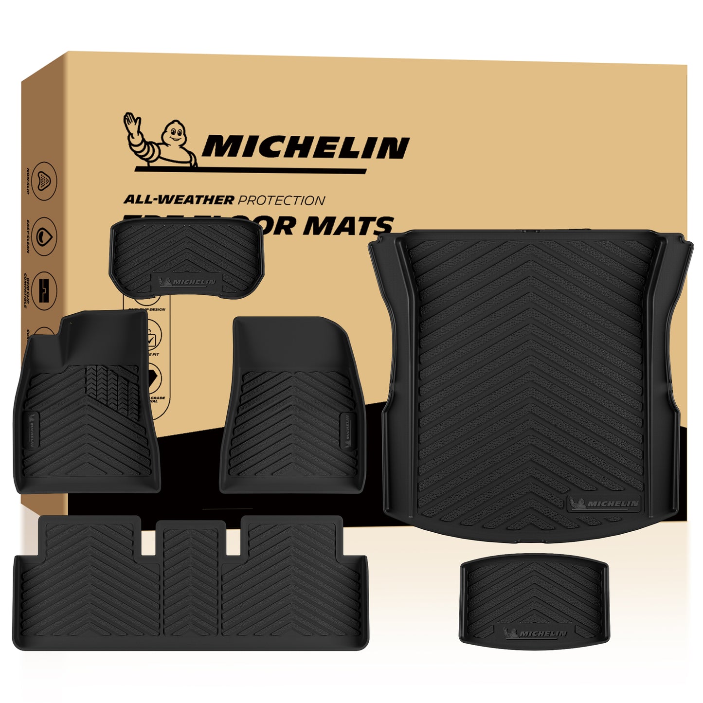 MICHELIN premium 6-piece set of black all-weather TPE custom-fit car floor and cargo mats exclusively designed for the 2024-2027 Tesla Model 3. Includes driver and passenger mats, rear row mat, front trunk (frunk) mat, rear trunk mat, and sub-trunk mat, featuring high-density TPE for ultimate waterproof full-interior protection.
